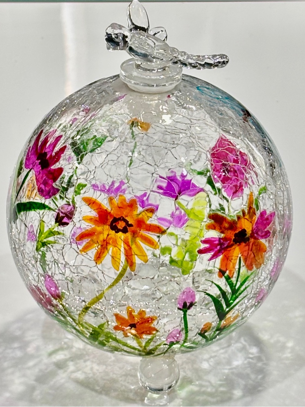 Vintage Style Hand-Painted Crackle Glass Wildflower & Dragonfly Globe Accent